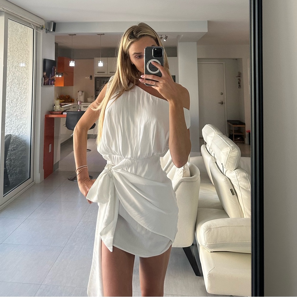 White satin off-shoulder dress